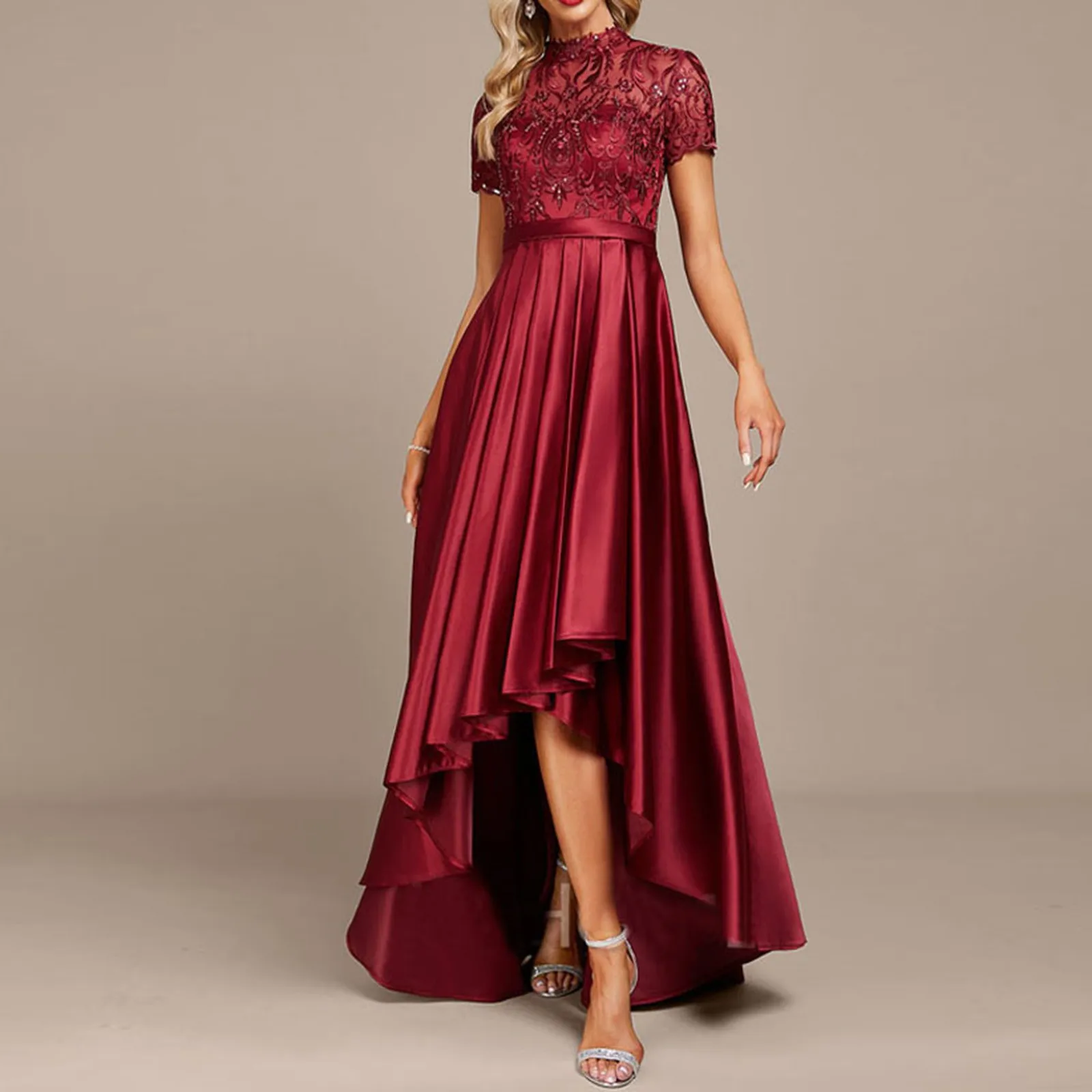 Classic Elegant Burgundy Mother Of The Bride Dresses Short Sleeve Sequins Irreguar A line Wedding Party Gowns Long Prom Robes