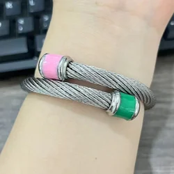 Pink Green Sorority Sisters Stainless Steel Twist Wire Bracelet