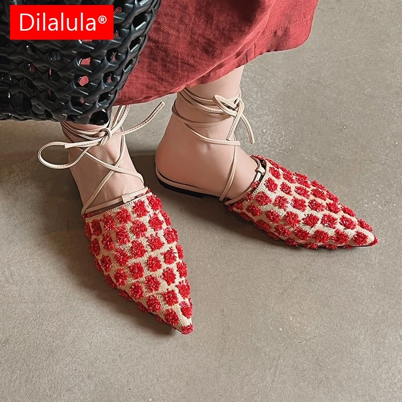 

Dilalula 2025, соломенные тканые отпускные тапочки, женские повседневные шлепанцы с закрытым носком и цветочным принтом на щиколотке, женские летние прогулочные кожаные туфли на плоской подошве