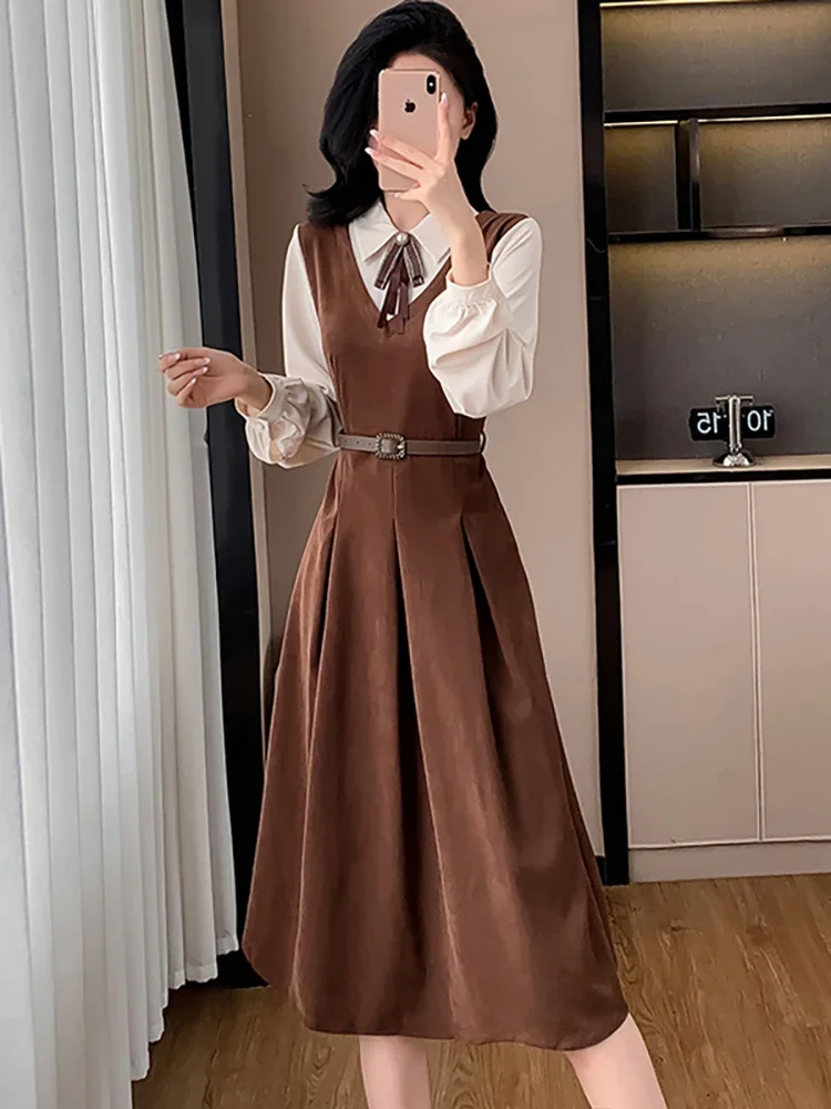 

Women Fashion Patchwork Fake Two Piece Dress Autumn Long Sleeve Bow Polo Collar Dress 2025 Korean Elegant Bodycon Evening Dress