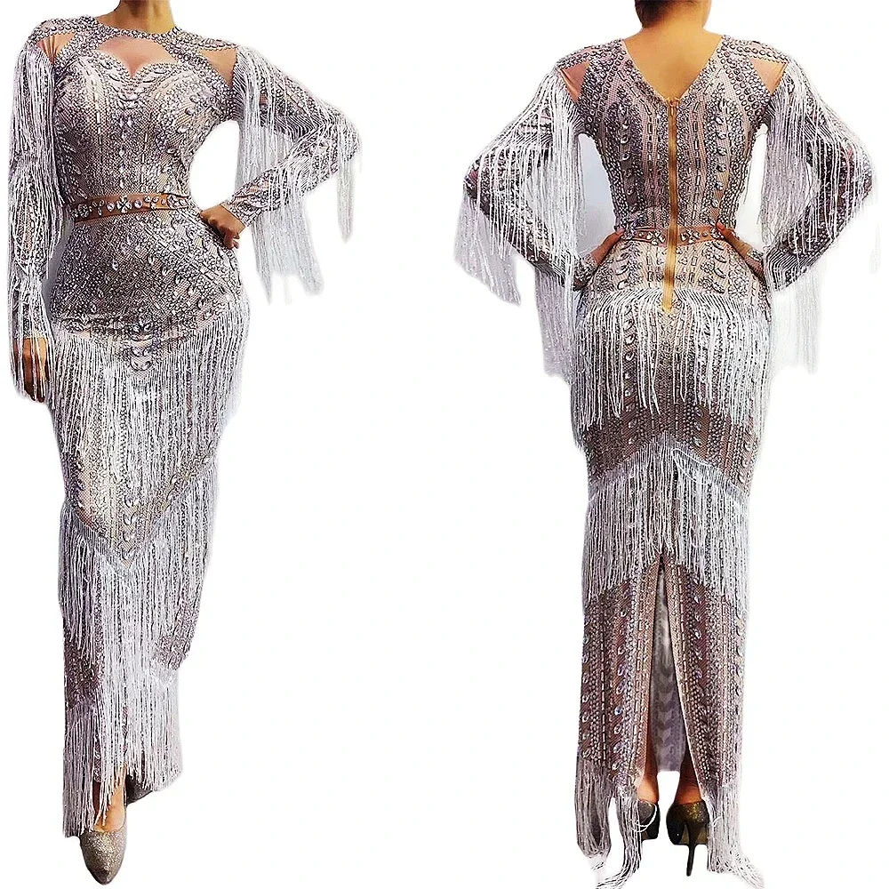 Glanzende strass damesjurk wit kristal kwastje uitgehold split vloerlengte strakke stretch nachtclubkostuums drag queen