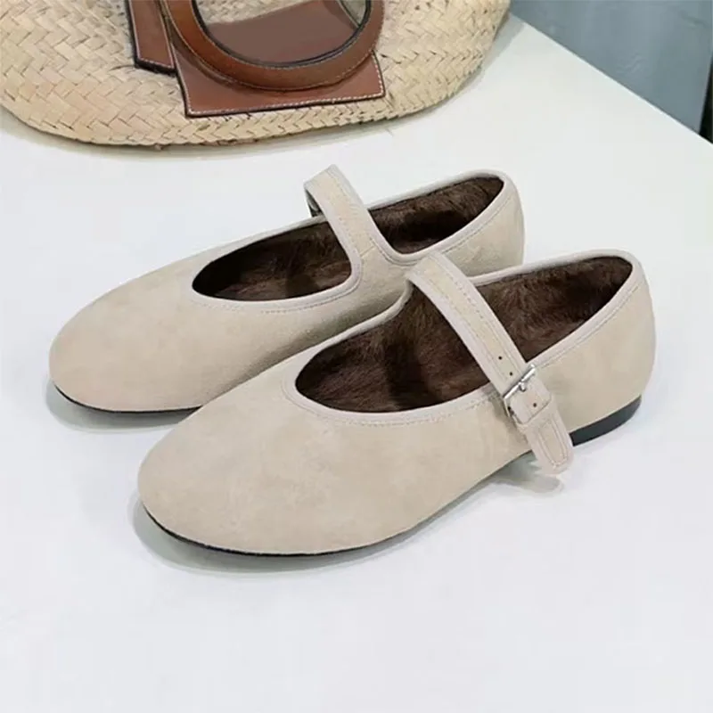 

Winter Rabbit Hair Buckle Strap Flat Shoes For Women Suede Round Toe Casual Shoes Woman Daily Comfort Walk Shoes Women