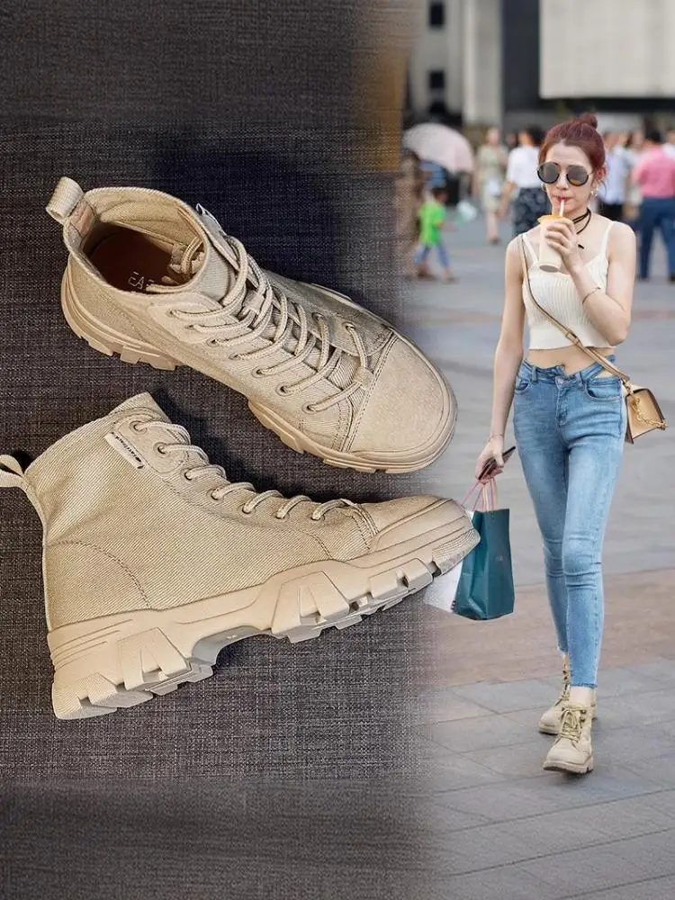 Canvas Martin Boots Women\'s 2024 Summer Thin British Style Thick Sole Walking Casual Shoes High Top Boots Mountaineering Shoes