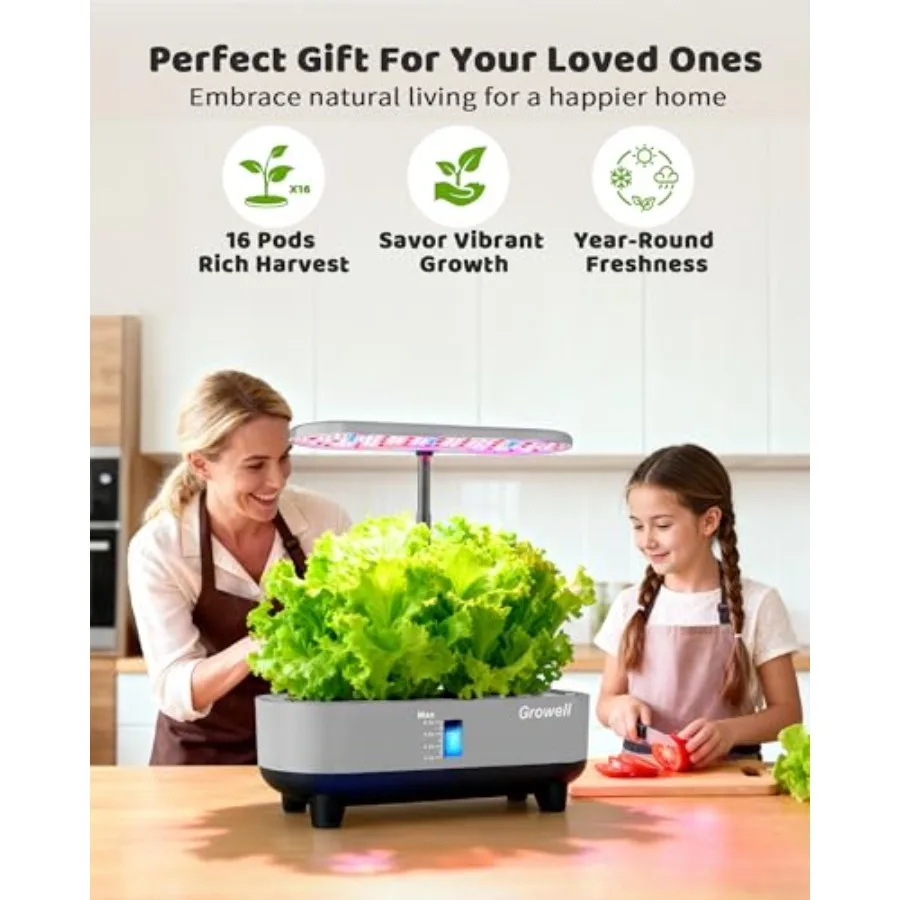 Hydroponics Growing System Premium 16-Pod Indoor Herb Vegetable Fruit Kit Gray 8L
