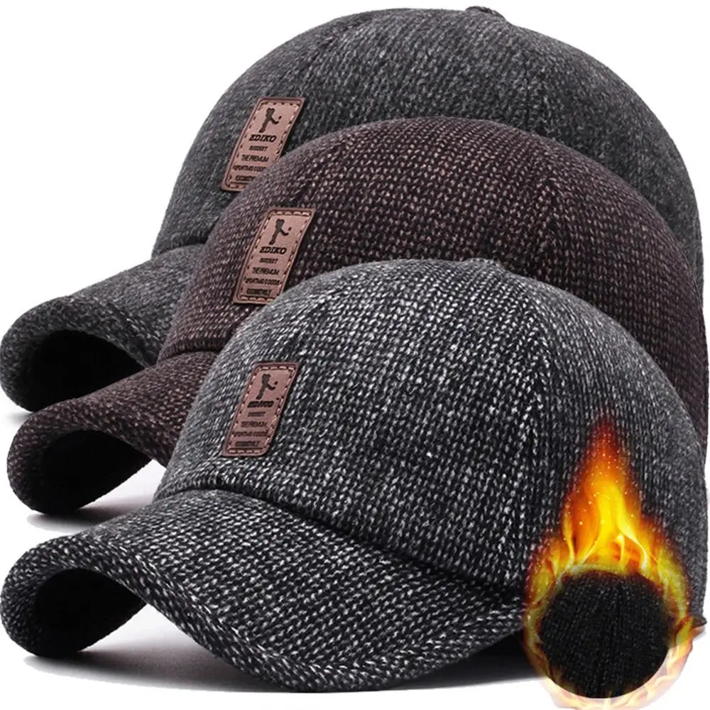 Men Baseball Cap Woolen Knitted Winter Ear Cover Baseball Cap Thicken Warm Hats with Earflaps Sport Golf Hats Snapback כובעים