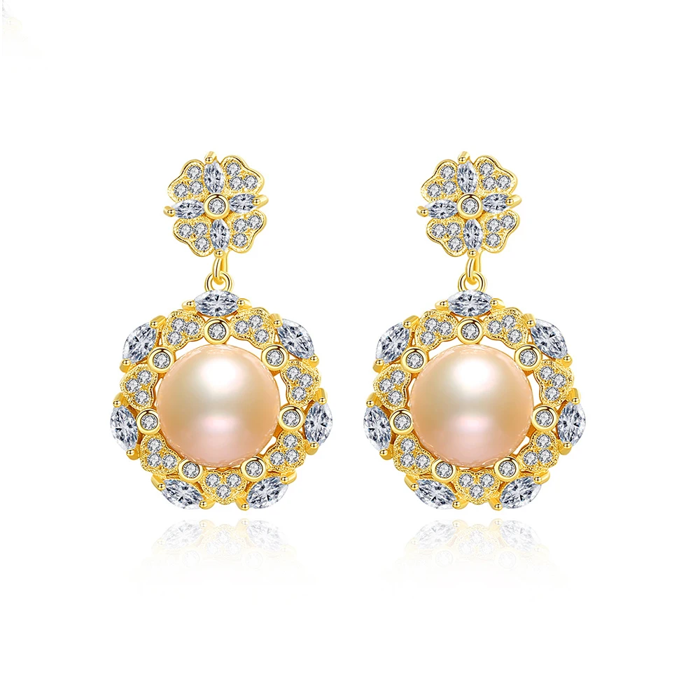 

Elegant Flower-Shaped Pink Freshwater Pearl Drop Earrings 925 Sterling Silver Solid Earrings for Women