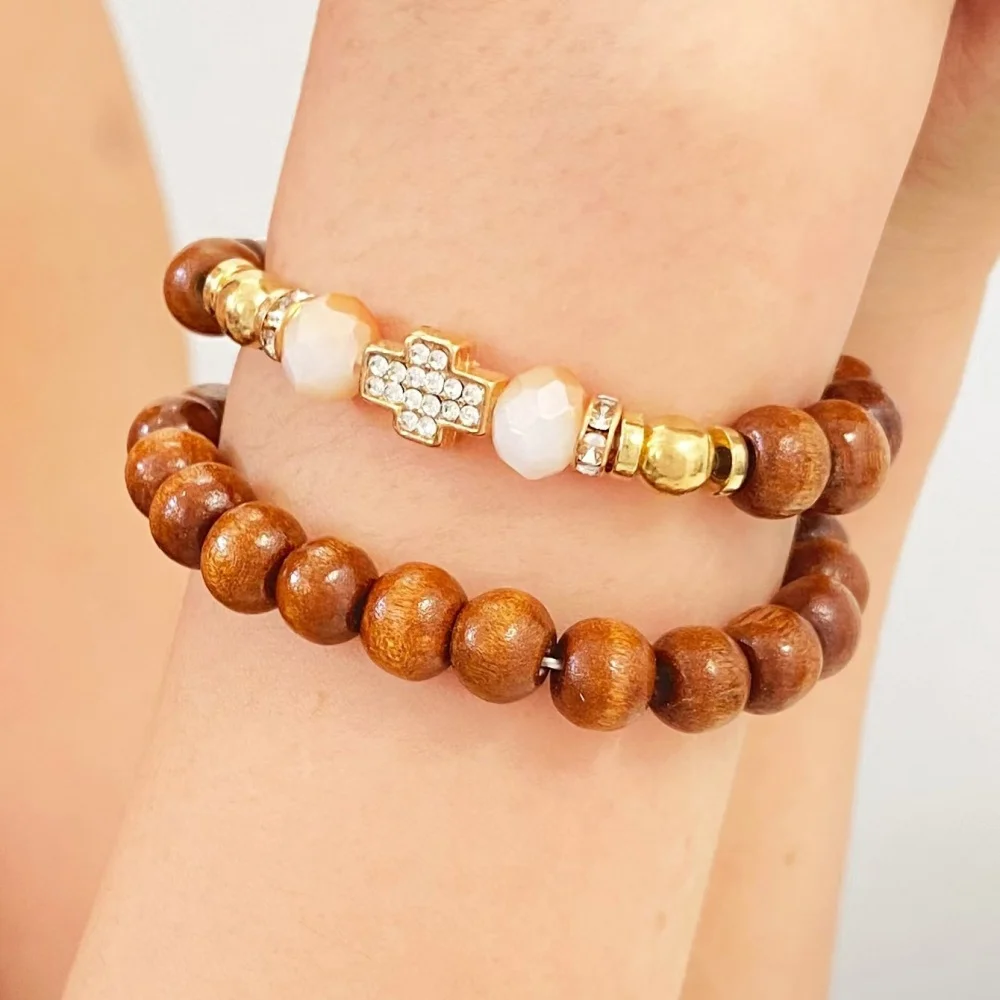 2Pcs Retro Natural Wood Cross Elastic Beads Bracelet For Women Personality Micro Inlaid Rhinestone Bracelet Set Birthday Gifts