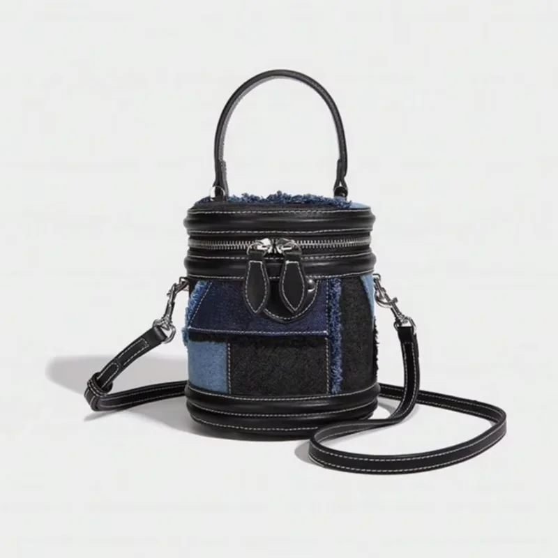 Color‑Block Zip‑Closure Women Bucket Handbag, Retro Niche‑Style Denim Splicing Design, Spring Summer Crossbody Shoulder Purse for Daily Casual Use