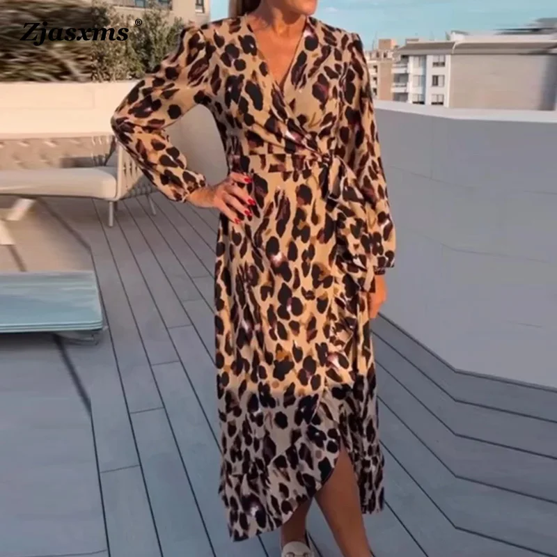 

Sexy Deep V-Neck Leopard Print Long-Sleeved Dress New Spring Autumn Women Belt Long Dresses Elegant Lady Casual Party Maxi Dress