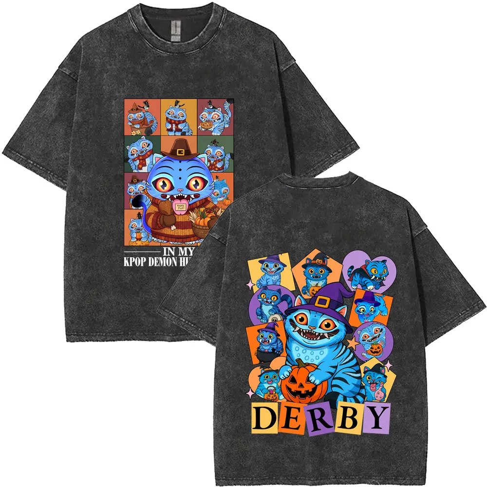 Kpop Demon Hunters Rumi Mira Zoey Vintage Washed T Shirts Men Women Happy Halloween T-shirt Male Fashion Oversized Streetwear