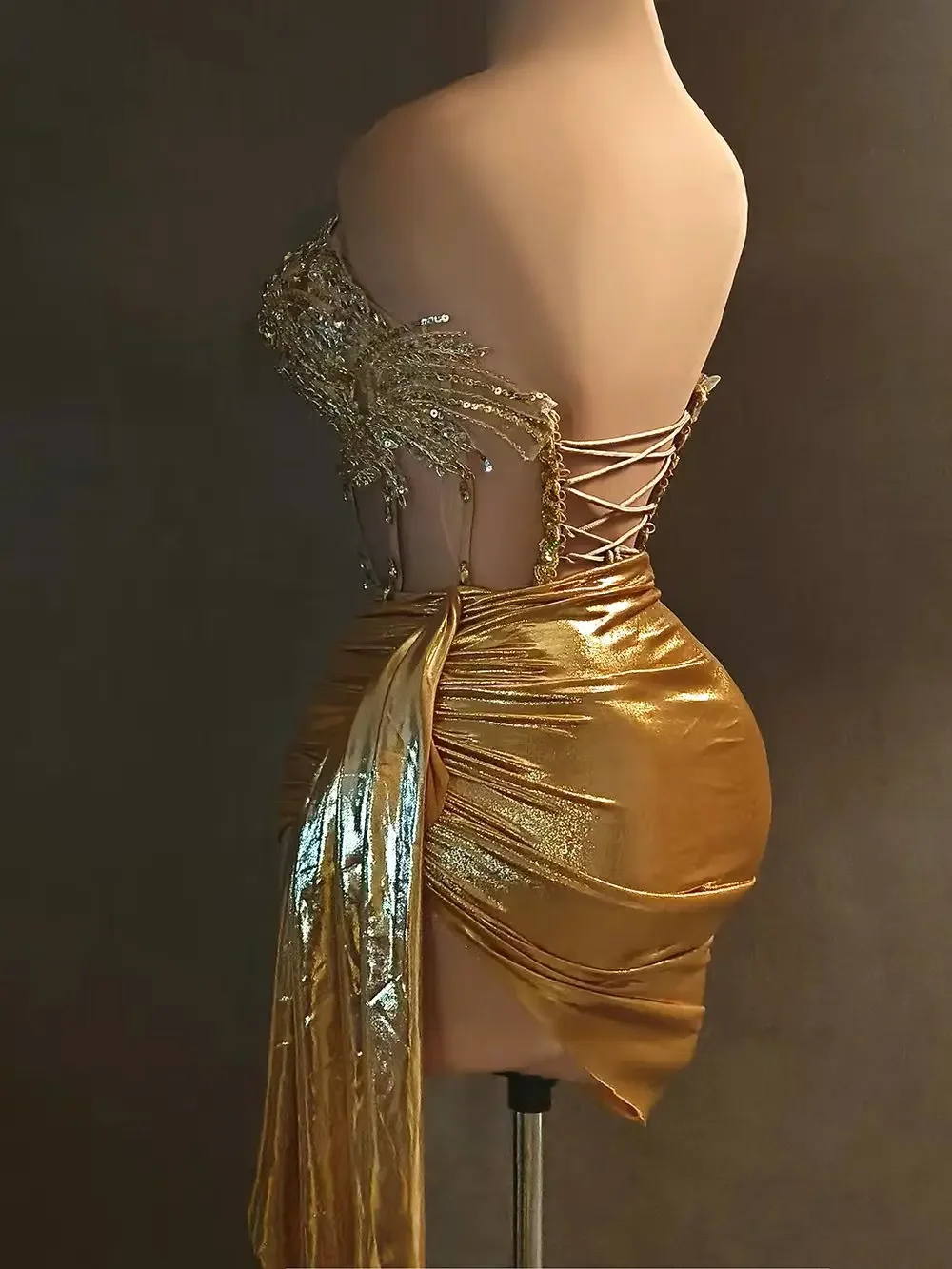 Sexy Girls Short Prom Dress Birthday Mini Dress Luxury Gold Diamond Formal Occasion Cocktail Dress 2-Piece Set Prom Gown Outfit