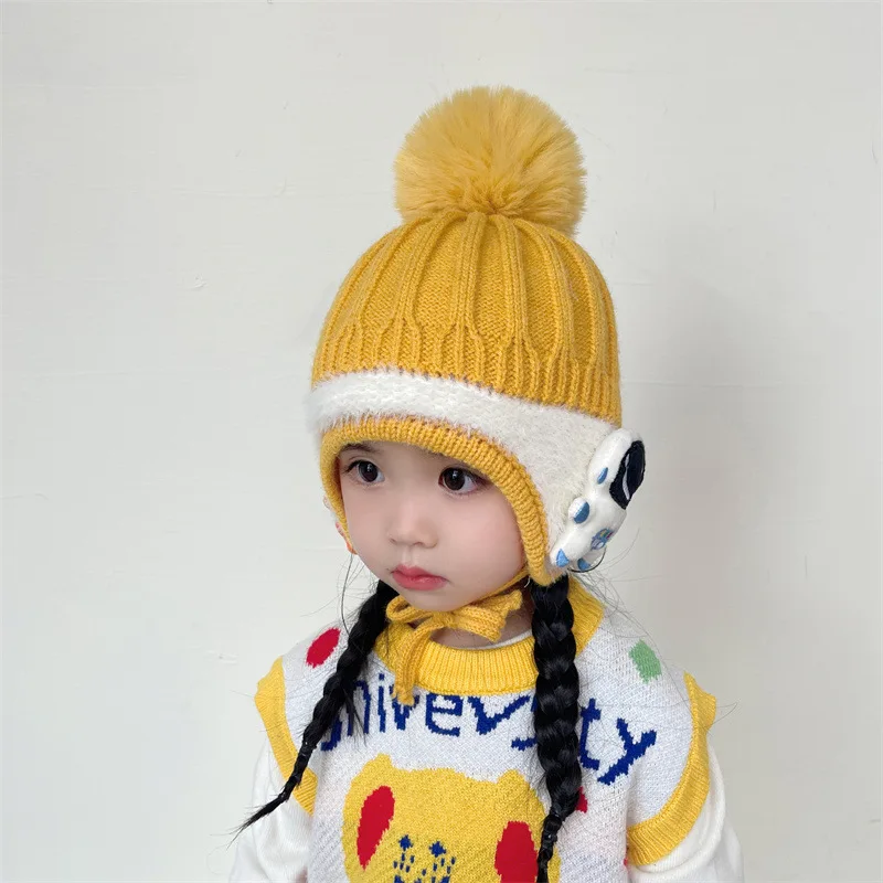 

Autumn Winter Boy Doll Ear Protector Knit Beanie Girl Furball Baby Plush Winter Warm Hat