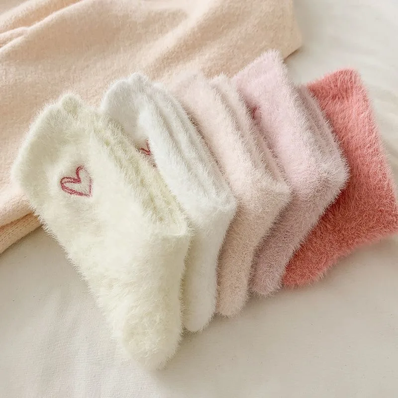Women's Thickened Mink Fur Socks Pink Heart Embroidery Warm Plush Middle Tube Socks for Autumn Winter Home Sleepwear