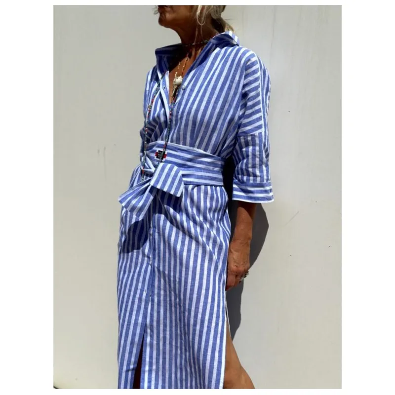 Autumn New Women's Clothing Lapel Five Quarter Sleeve Striped Waistband With Side Slit Shirt Loose Asymmetric Dress For Women