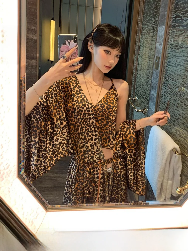 

Леопардовый принт, ледяной шелк, женская летняя домашняя одежда, комплект футболок, удобный дышащий комплект Pure Desire Sle