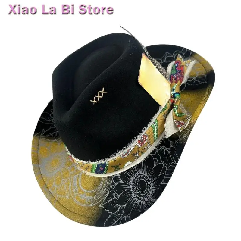 XXFD Unisex Bergaya Merasa Topi Cowgirls Dengan Bulu Dikepang Detail Desain Ringan
