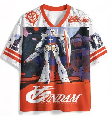 Turn A Gundam V-neck Sports Shirt White Red Contrast Short Sleeve Mobile Warrior Gundam Anime Sports Leisure Mesh T-shirt