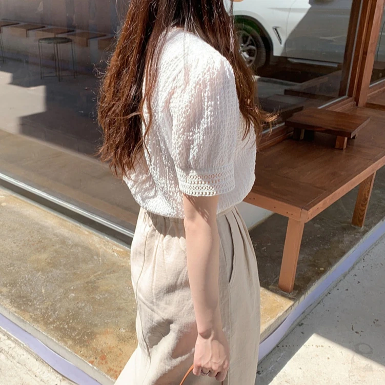 Csa de renda branca e fena verão high-end sentimentos manga puff boneca topo muito fada blusa em torno do pesco...