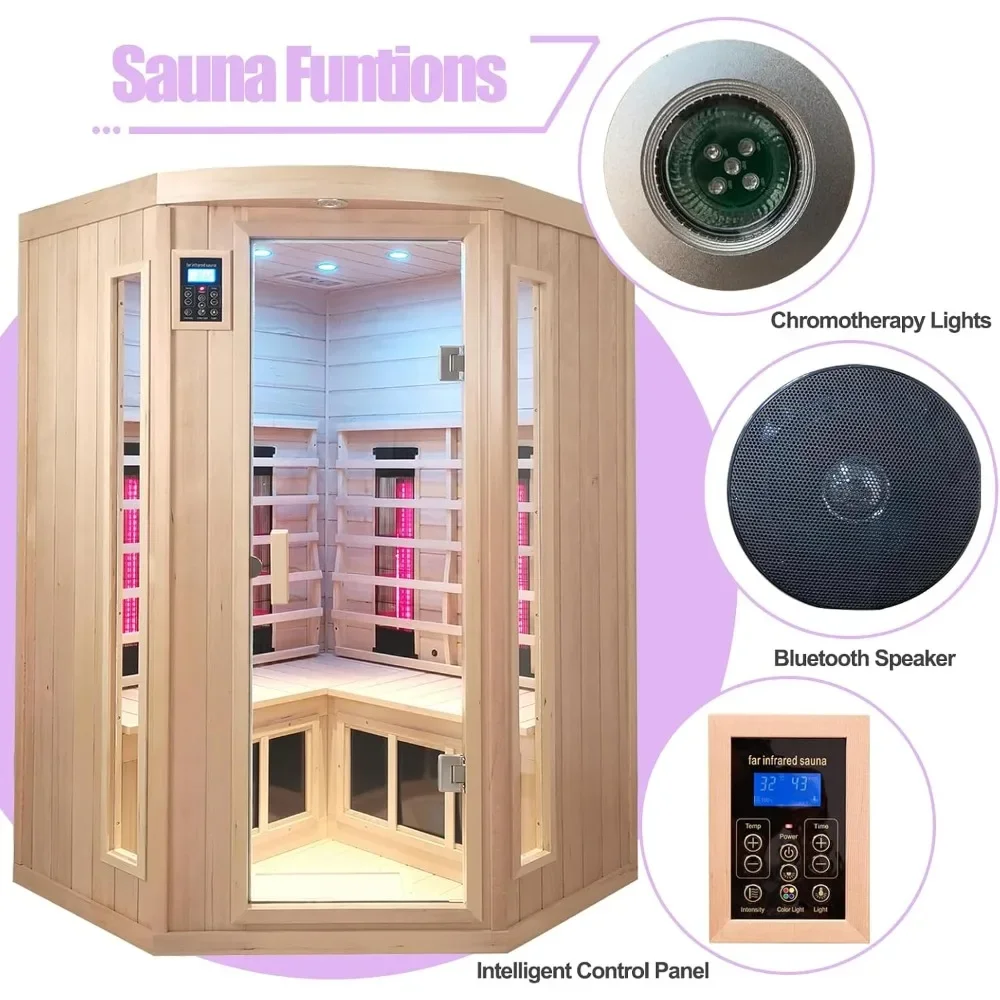 Ceramic Infrared Saunas for Home, Infrared Sauna, Low EMF Indoor Sauna, Hemlock Wooden Sauna Room with Bluetooth Speakers