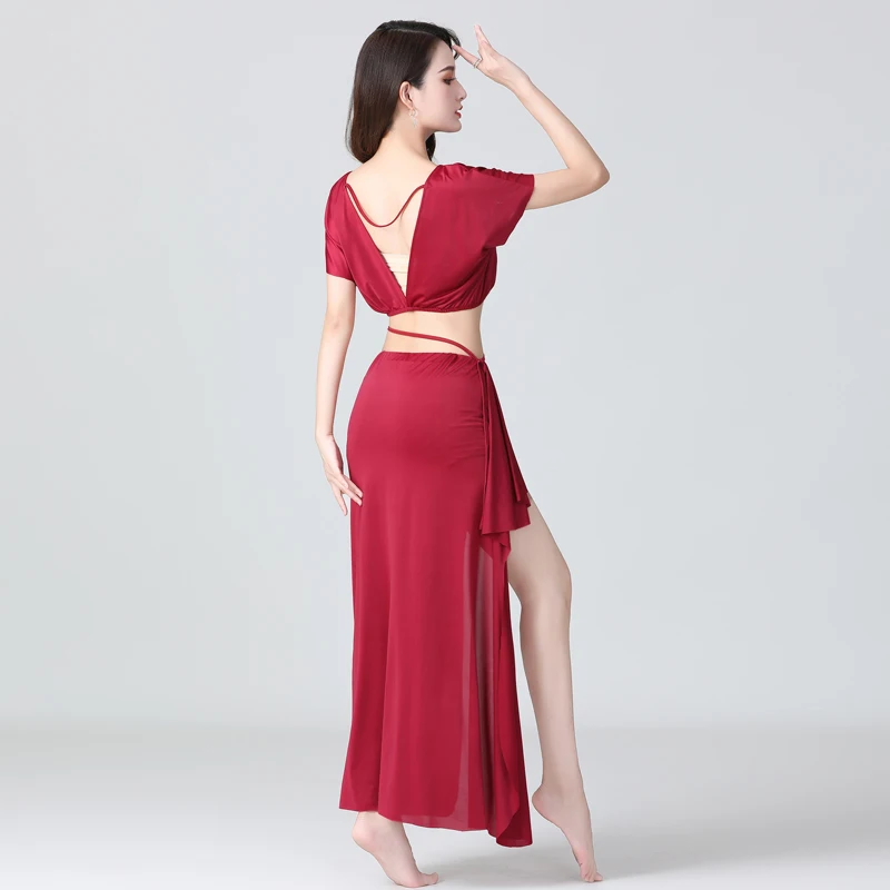 أزياء الرقص الشرقي المخصصة، أزياء الممارسة للنساء، مجموعة جديدة من أزياء الرقص الشرقي للمبتدئين، بلوزة مثيرة وتنورة طويلة