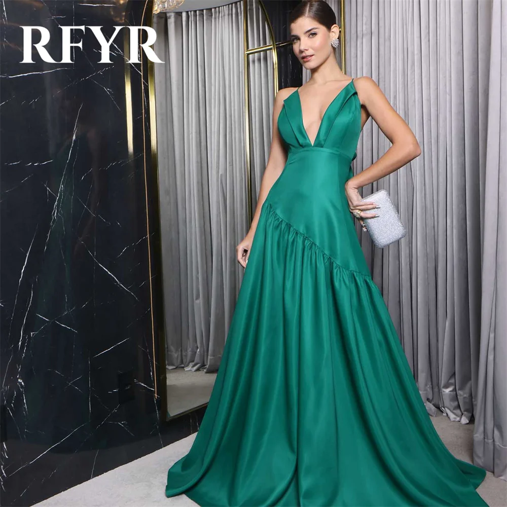 

RFYR Simple Green Prom Dress Spaghetti Strap A-line Evening Dress Sleeveless V-Neck Backless Party Dress with Pleats Satin 프롬드레스