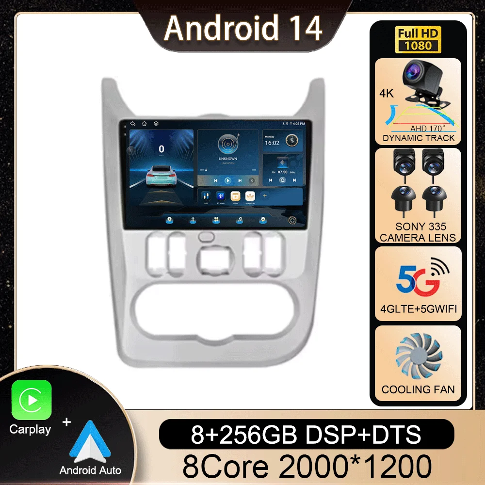 Android 14 Auto Wireless CarPlay Car Radio for Renault Logan 1 Sandero 2009-2015 Dacia Duster Multimedia Player GPS Stereo 2din