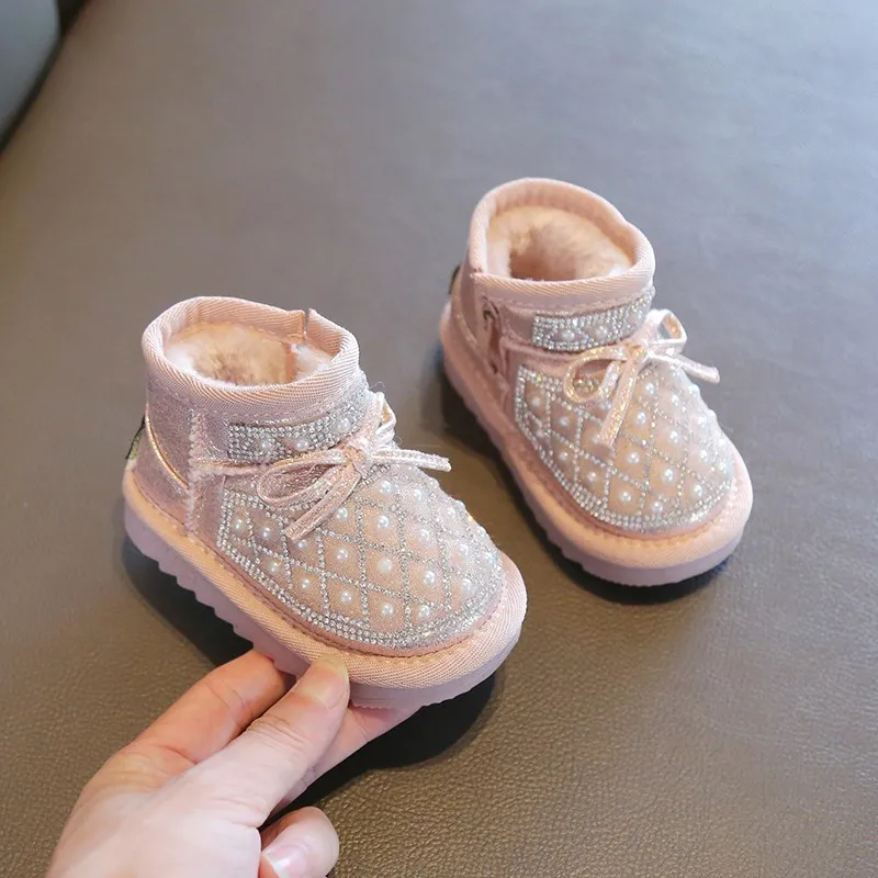 

Children Snow Boots for Girls 2025 Winter New Fashion Korean Style Soft Sole Anti-slippery Versatile Princess Bowtie Short Boots