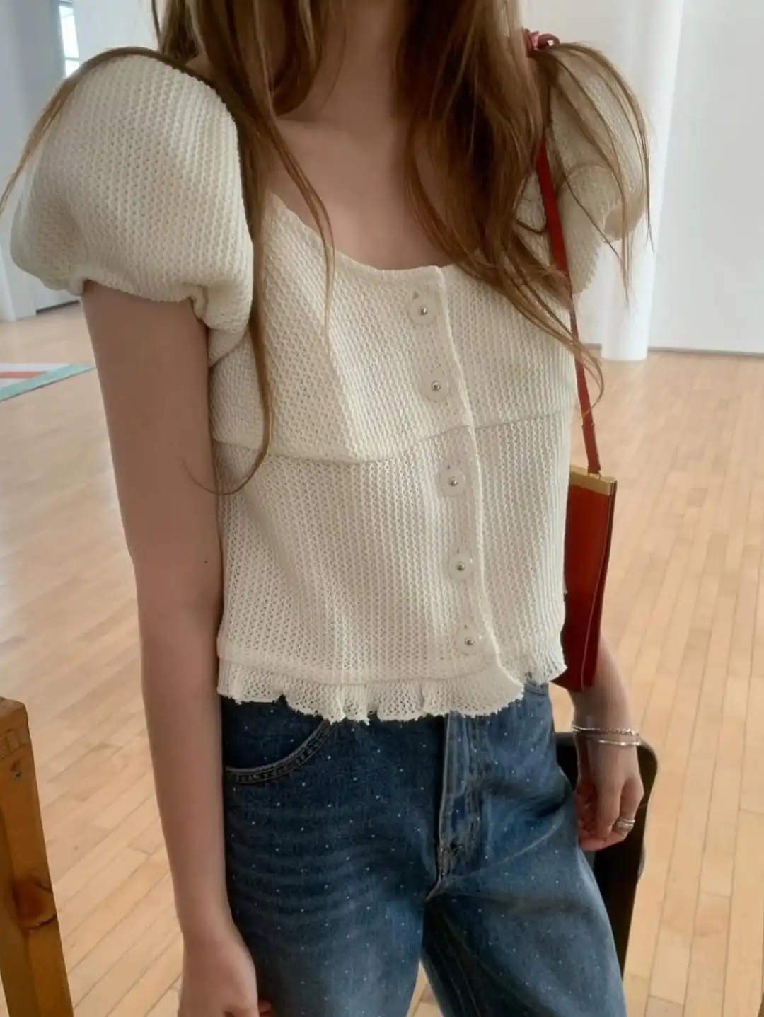 

Chic round Neck Short Sleeve Bubble Sleeve Shirt Women's Slim Fit Sweet Style Cotton Material Chinese Production Fashionable Top