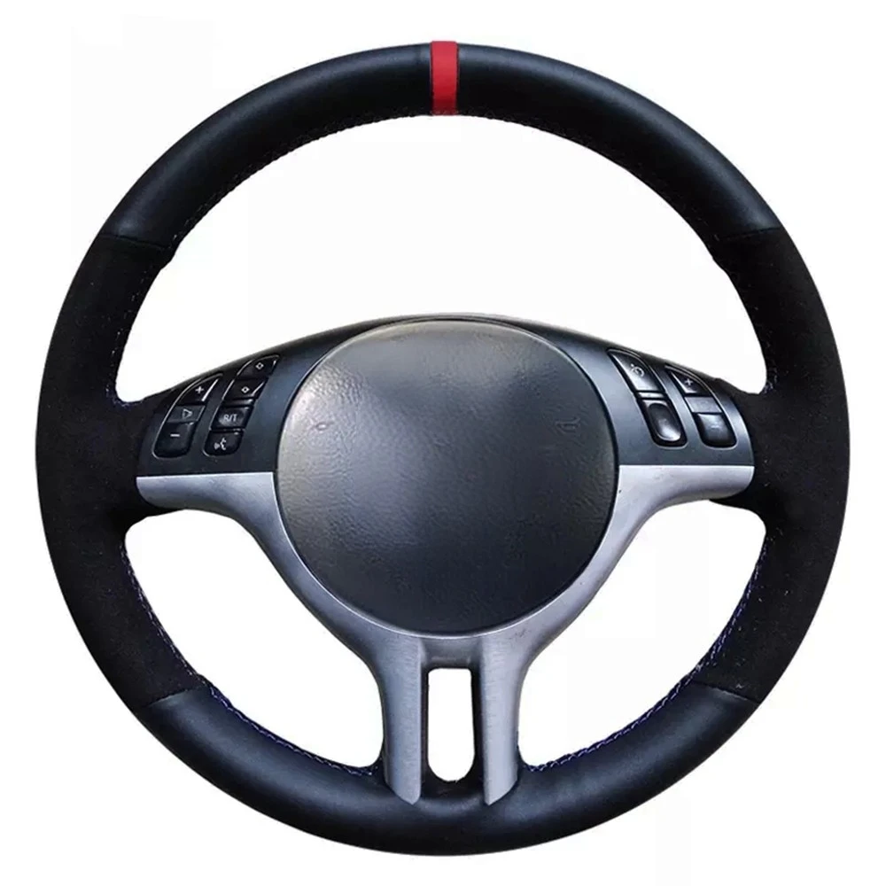 Hand-Stitched Non-slip Black Genuine Leather Suede Car Steering Wheel Cover For BMW E46 E39 325i E53 X5 X3