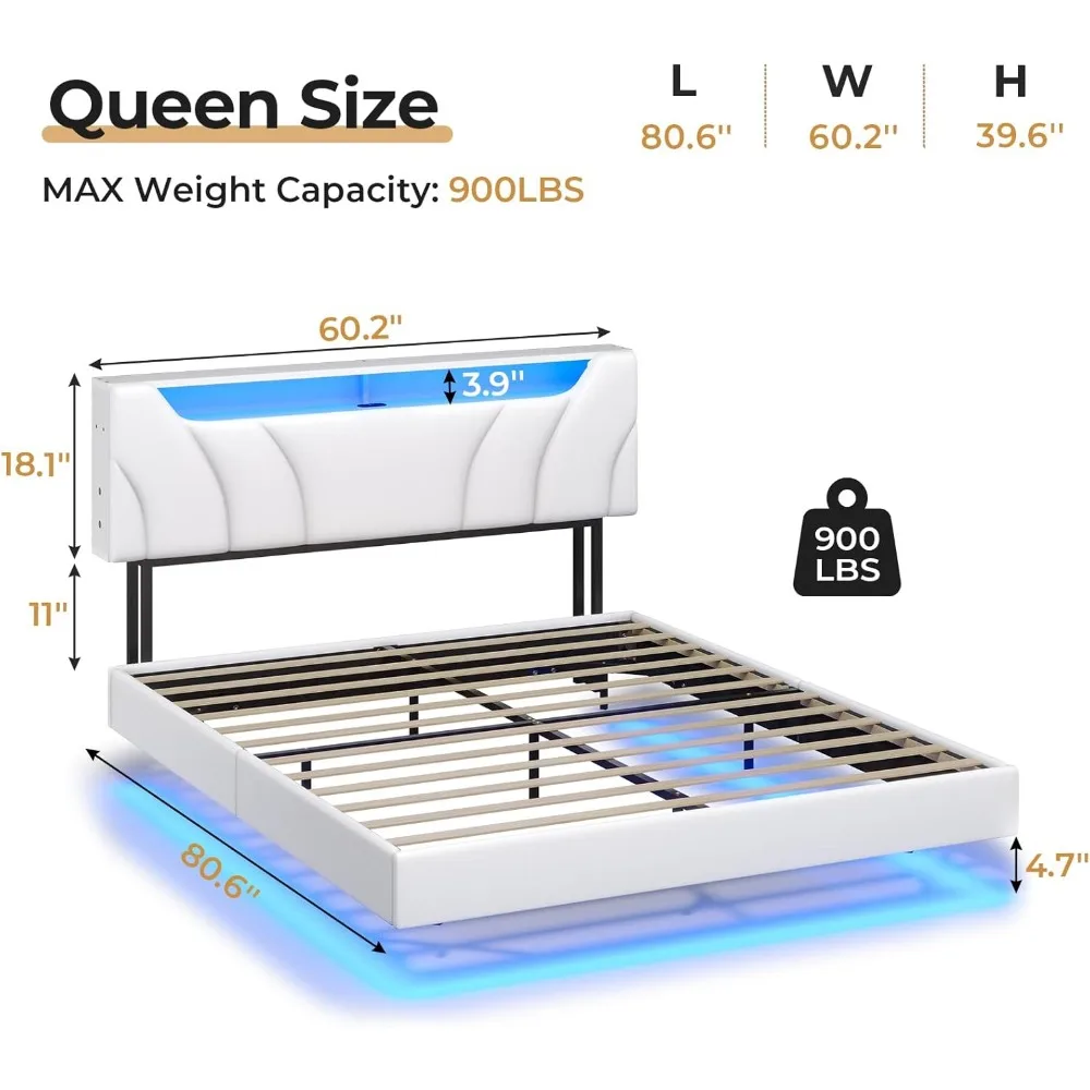 Floating Bed Frame,with LED Lights Bed Frame with Storage Headboard Faux Leather Upholstered Platform Bed with USB Type-C Ports