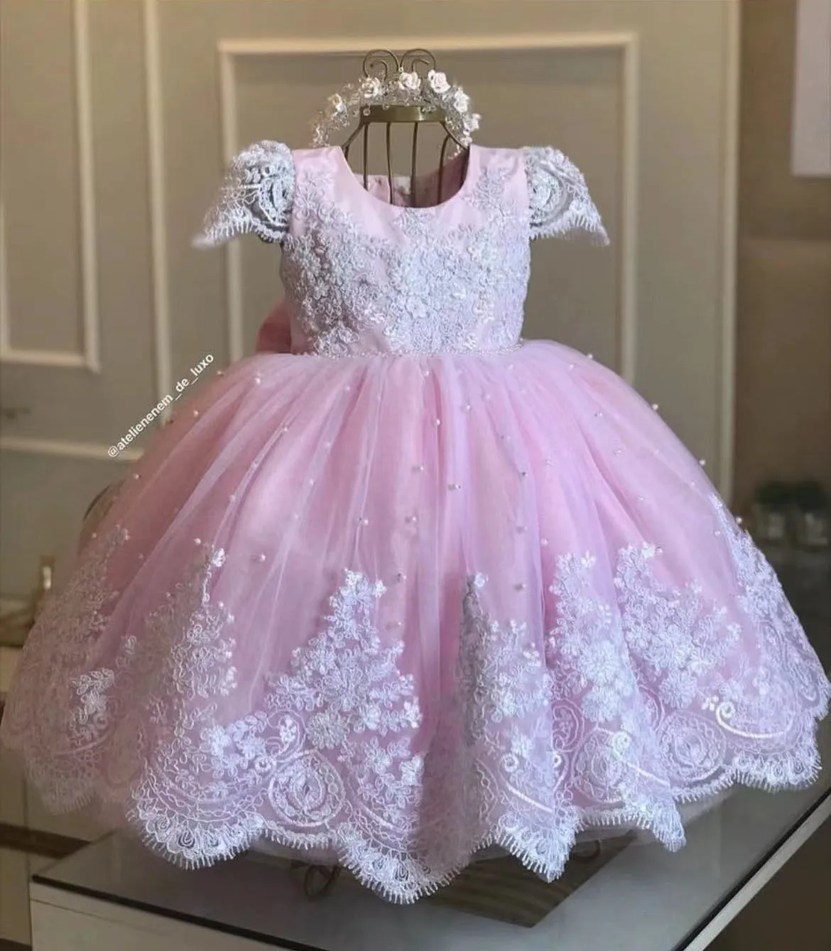 Abito da ragazza di fiore per bambina rosa chiaro per matrimonio Tulle Puffy Applique Perle Abiti da ballo per prima comunione per festa di compleanno per bambini