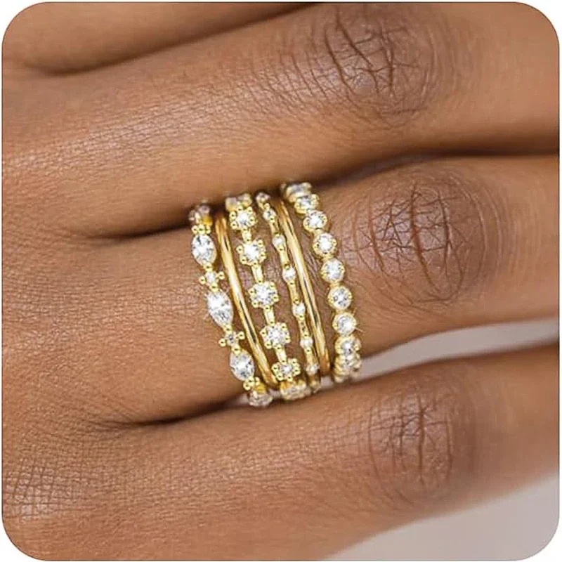 Huitan Aussage 6 Teil/satz Frauen Ringe Gold Farbe Moderne Modische Weibliche Finger Zubehör Luxus Zirkonia Schmuck