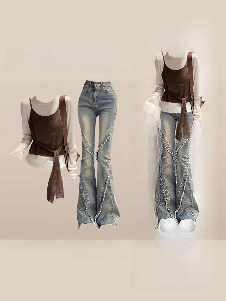 レトロ韓国風スレロングスベT-irtセット女性の冬カジュアルレイヤリングデニムベストハイウエストルーズフィットファイオンセット