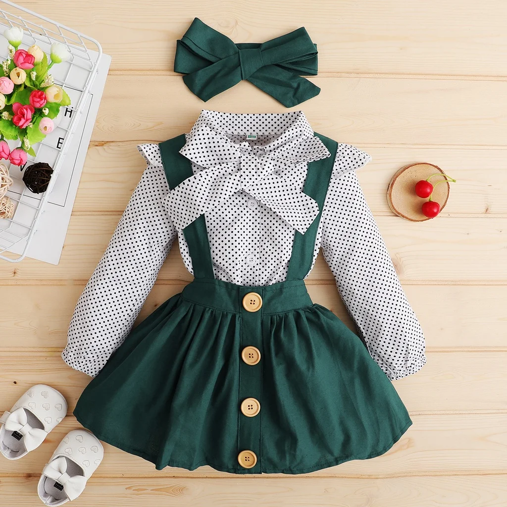 3PCS Baby Girl Outfits Polka Dot Long Sleeve Top+Suspender Ruffle Dress+Headband Autumn Clothes Set for Toddler Girl 1-4 age