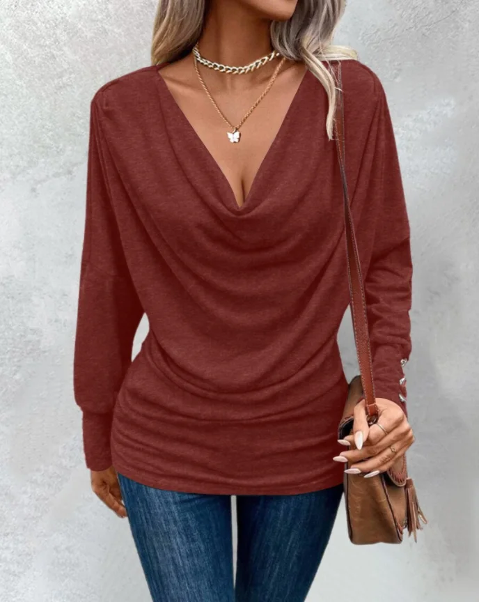 

Women's Top Fashion Cowl Neck Batwing Sleeve Ruched T-Shirt Casual Slim Fit Top Simple Commuting Style Casual Retro Top