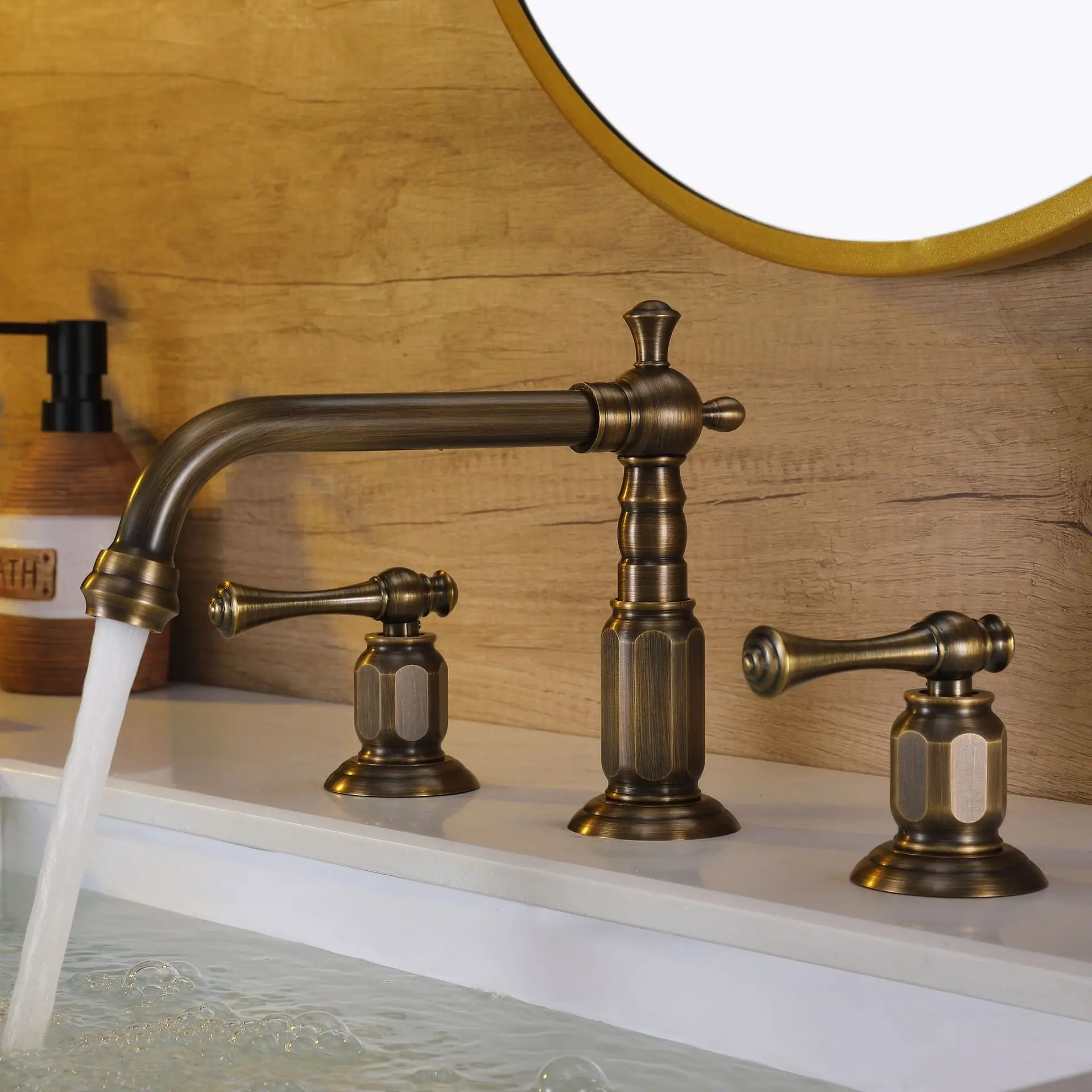 Bronze-green 8-inch three-hole faucet, vintage dual-switch basin faucet, antique washbasin faucet, face basin faucet