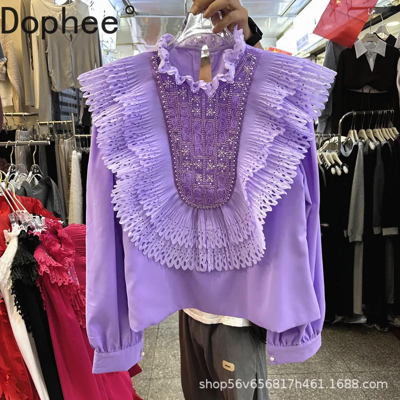 

2025 New Autumn Elegant Ruffles Women Blouses Half High Collar Loose Pullover Top Solid Color Luxury Beads Diamonds Female Shirt
