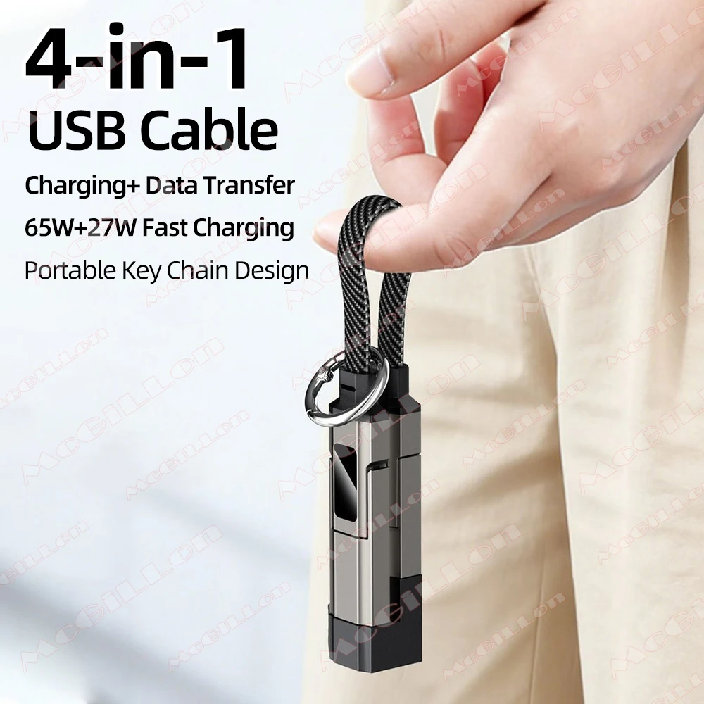 Cable USB C a USB C PD de 65W con Carga Rápida, Pantalla Digital 4 en 1, Cable USB A a Tipo C para iOS, Llavero con Cable Corto para Teléfono Móvil