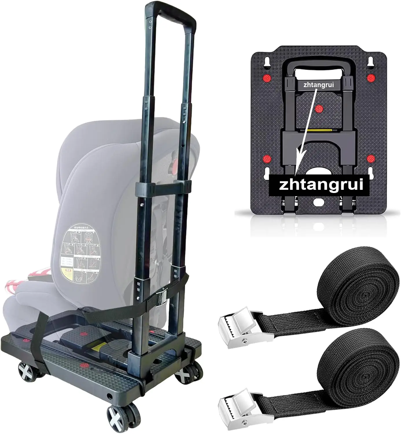 

Foldable Car Seat Travel Cart with Wheels and Straps, Black Luggage Trolley for Airport