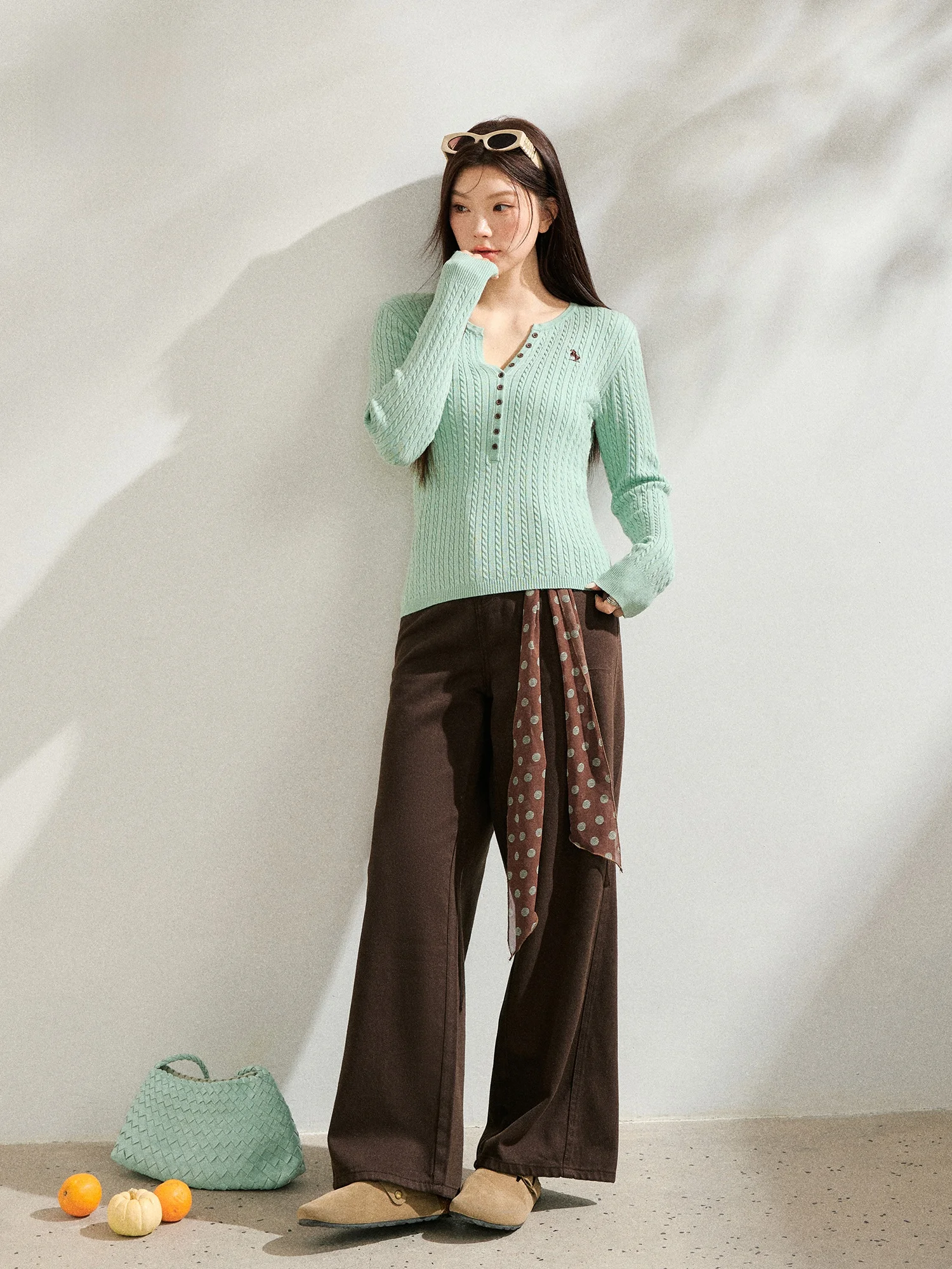 

plus Size Knitted Set Deep Brown Straight Leg Pants V-Ne Long Sve Spring Faion plus Size Women's Clothing Set een