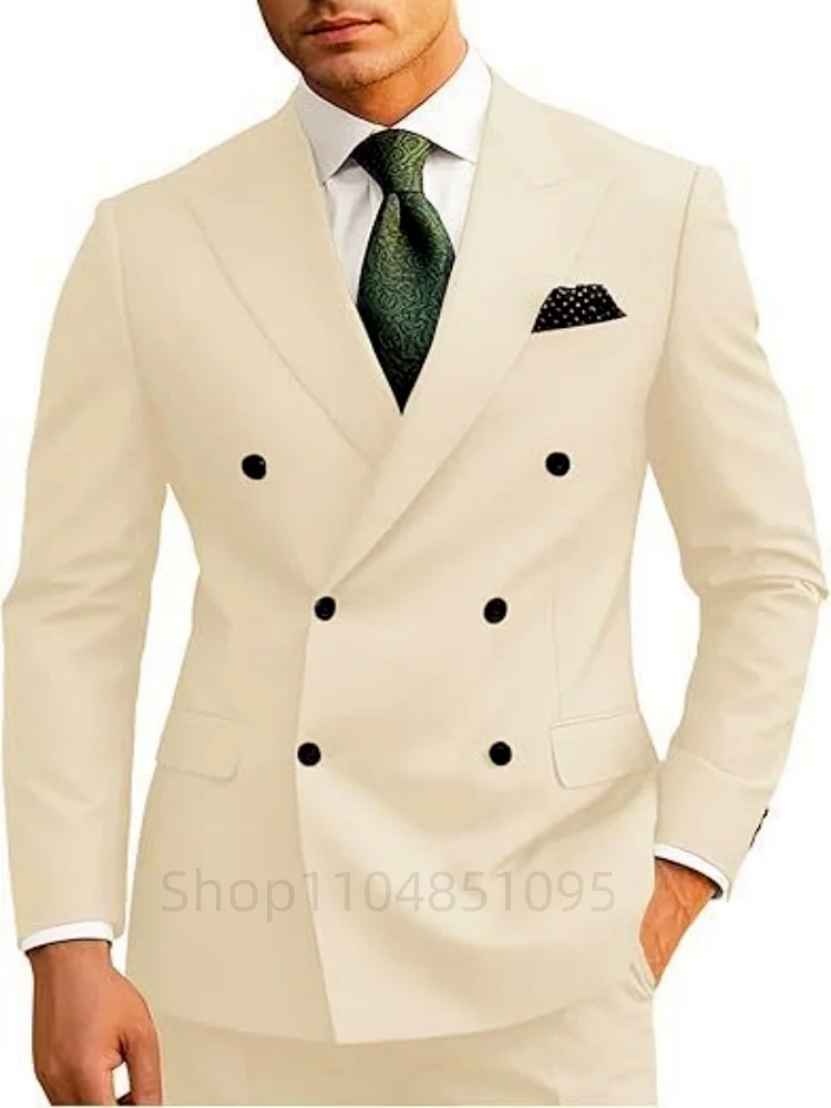 

Slim Fit 2 шт. мужской костюм жениха двубортный деловой мужской пиджак комплект с пиковыми лацканами для вечеринки, выпускного вечера, свадебные смокинги (куртка + брюки)