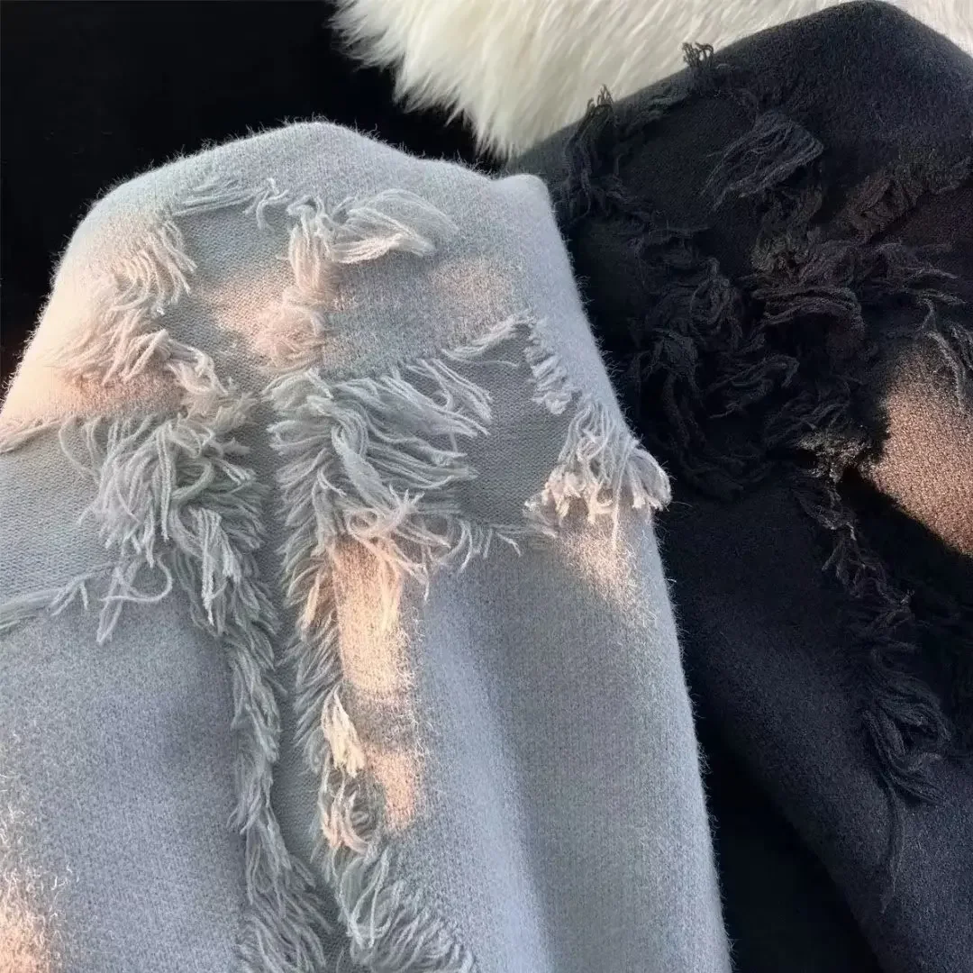 Autumnand Y2k Streetwear Men New Retro Hole Fringed Sweater Loose Versatile Sweater for Men and Women Long Sleeve Sweater 2025