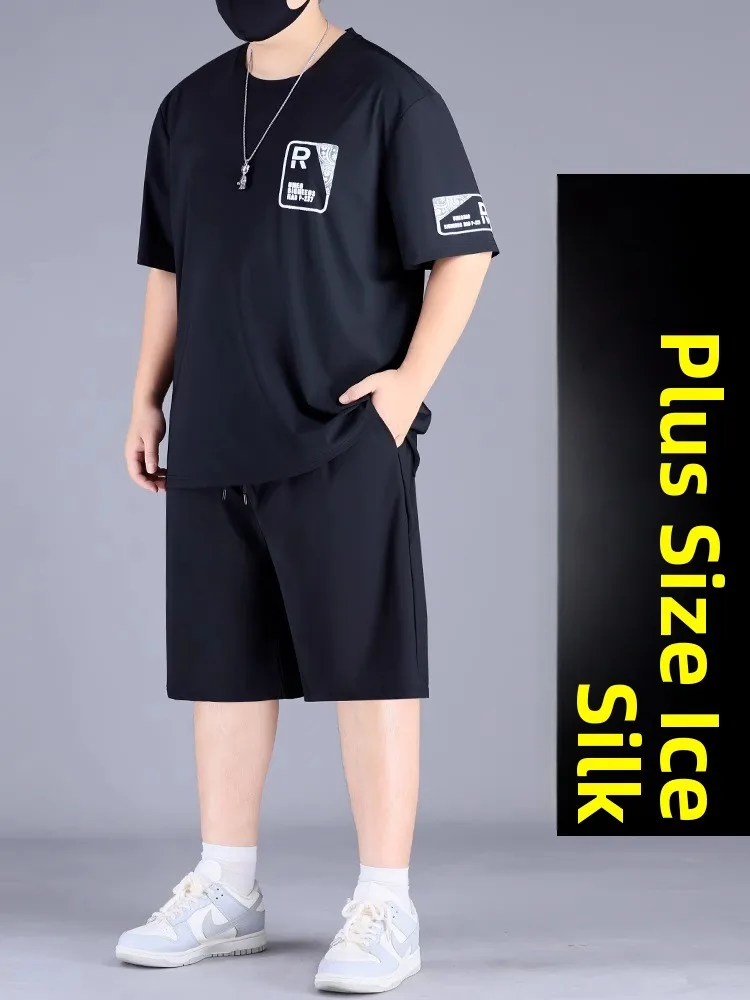 

Мужской комплект из ледяного шелка больших размеров, летняя новая мода, свободная футболка ort Sve, комплект из двух предметов Cool Feeling, дышащее полиэфирное волокно