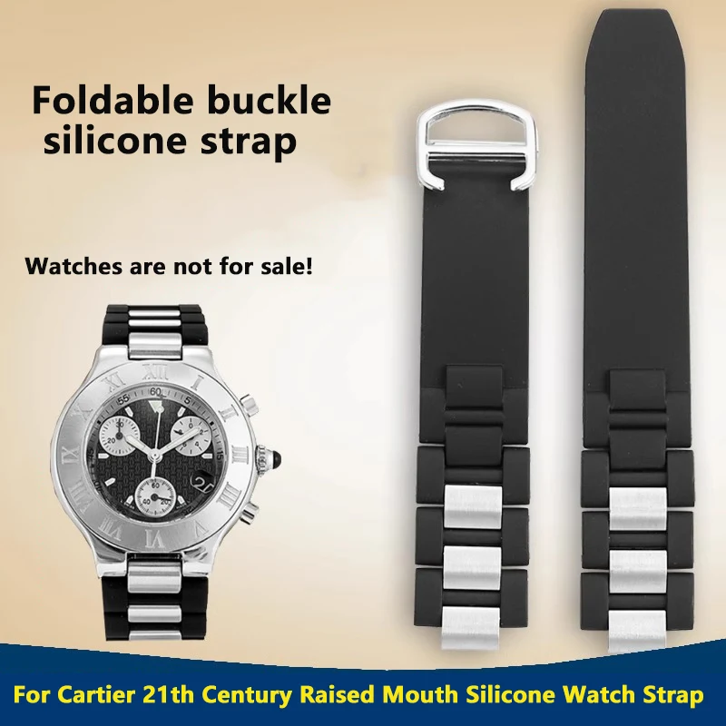 20mm x10mm Raised Black Replacement Silicone Rubber Watch Band For Cartier 21 Chronoscaph W10198U2 W10125U2 strap men bracelet