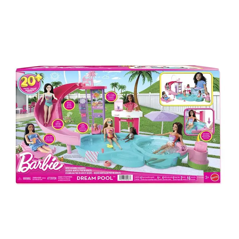 Barbie sonho piscina playset diversão experiência interativa tema de festa na piscina vários acessórios meninas fingir jogar brinquedo presente de aniversário