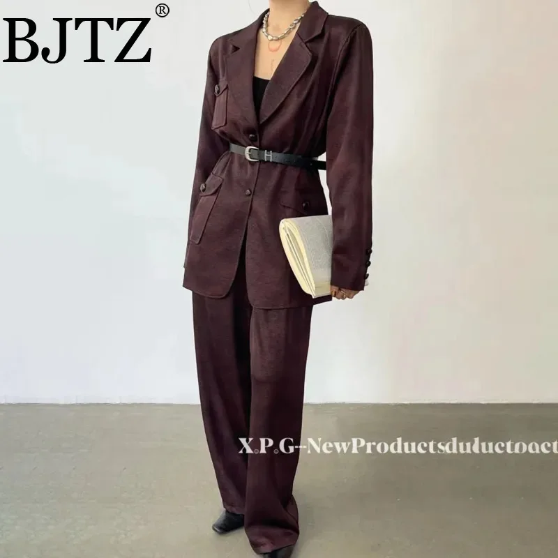

BJTZ 2025 женские однобортные однобортные брюки с нерегулярными карманами и лацканами, модный дизайн, стильные вертикальные брюки, комплект из двух предметов