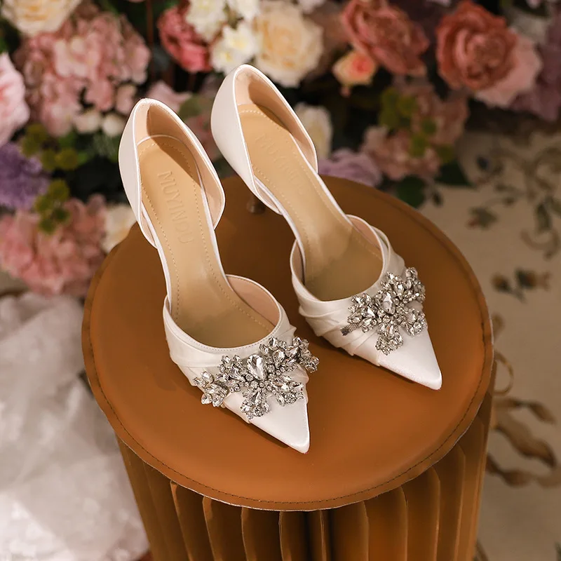 

2024 Autumn Luxurious Women's Pumps Pointed Toe Shallow Mouth Rhinestone Stiletto High Heels Single Shoes Banquet Wedding Shoes