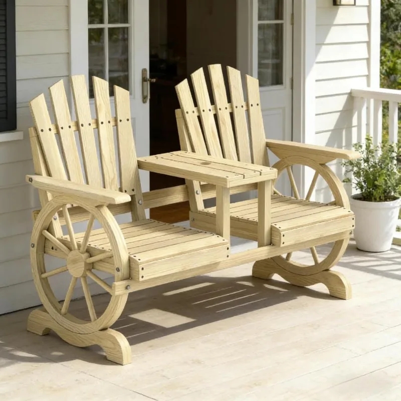 

Деревянный двойной стул Adirondack с колесиками и соединительным столом, уличная палатка, двухместная скамейка для сада, крыльца, заднего двора