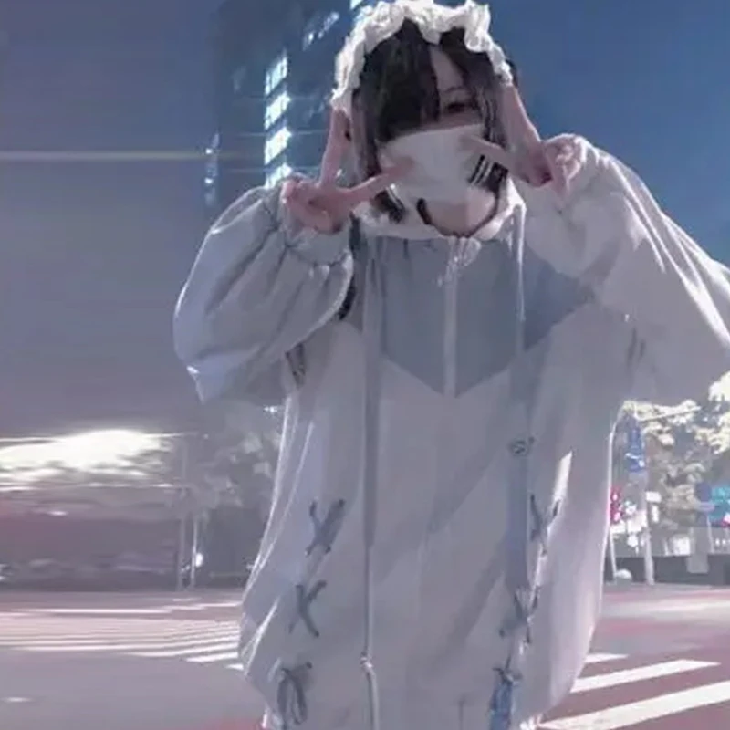 Mädchen- und Damenmode: Japanischer Subkultur-Hoodie in Blau-Weiß, Herbst- und Winter-Sweatshirts mit Reißverschluss, Y2K-Kleidung