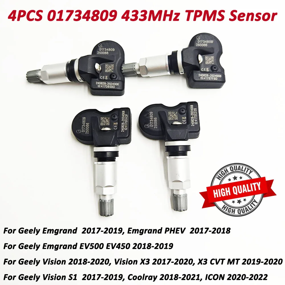 High Quality 4Pcs 01734809 TPMS Tire Pressure Sensor For 2017-2023 Geely Emgrand Coolray EV500 EV450 Vision X3 S1 1017034 433MHz